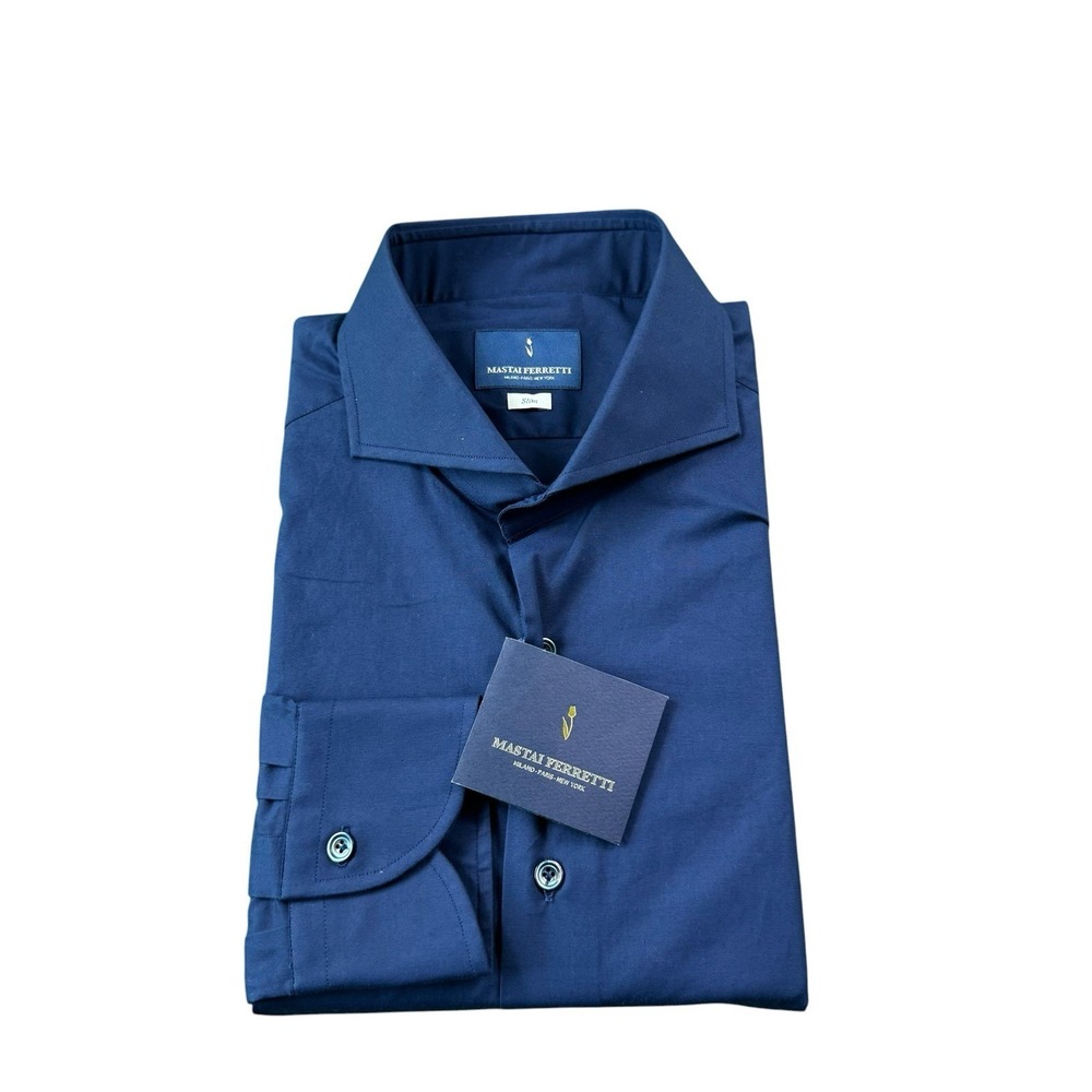 Mastai Ferretti Blue Slim Fit Cutaway Collar Button Front 17/43 NWT
